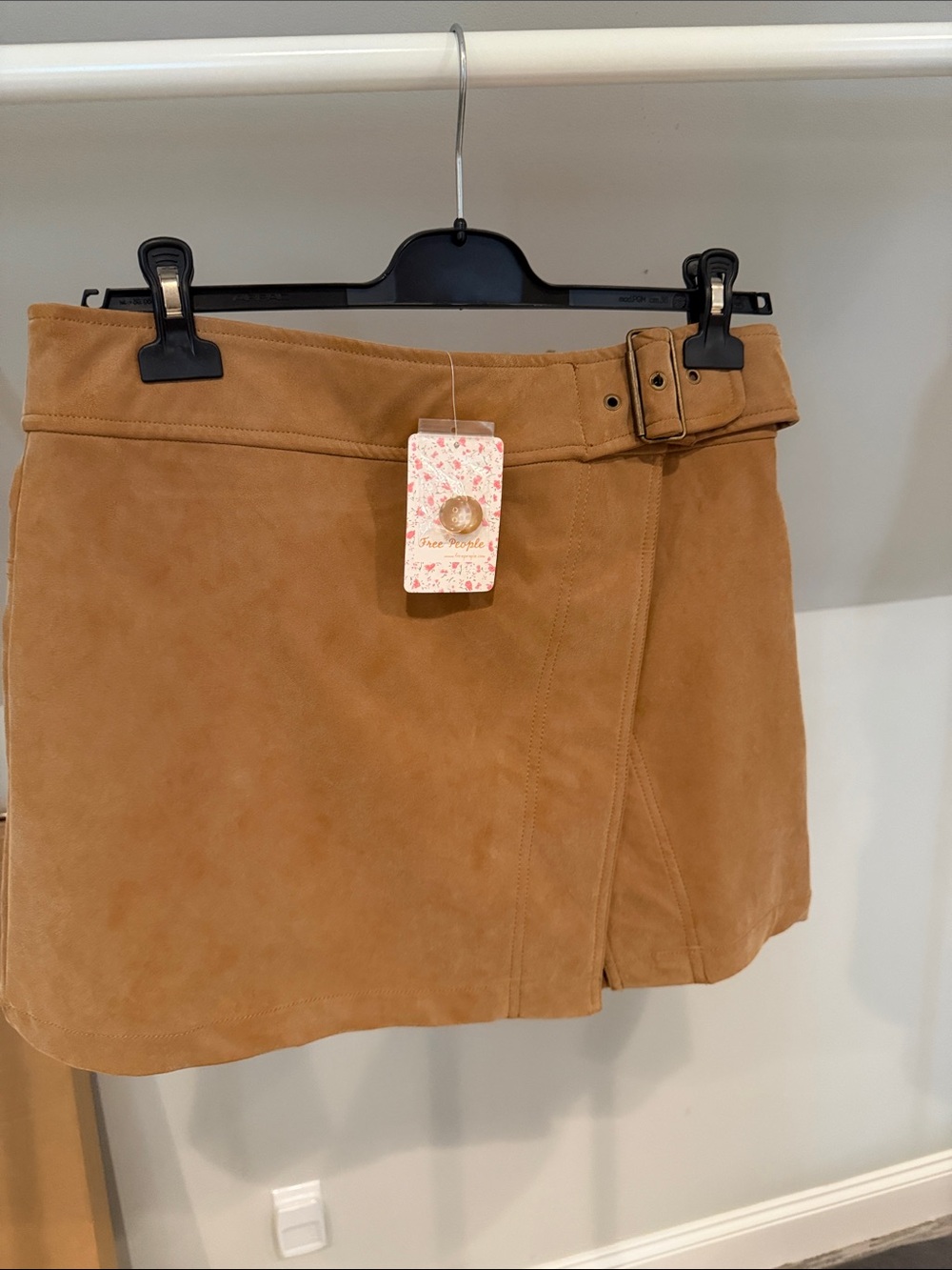 Free People Faux Suede Belted Mini Skirt in Camel